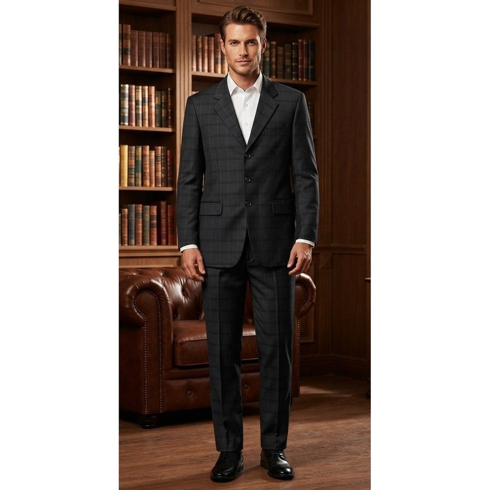 Zacchi Classico Italiana Men's 2pc Suit Grey‎ Windowpane 38R Jacket 33 Pants